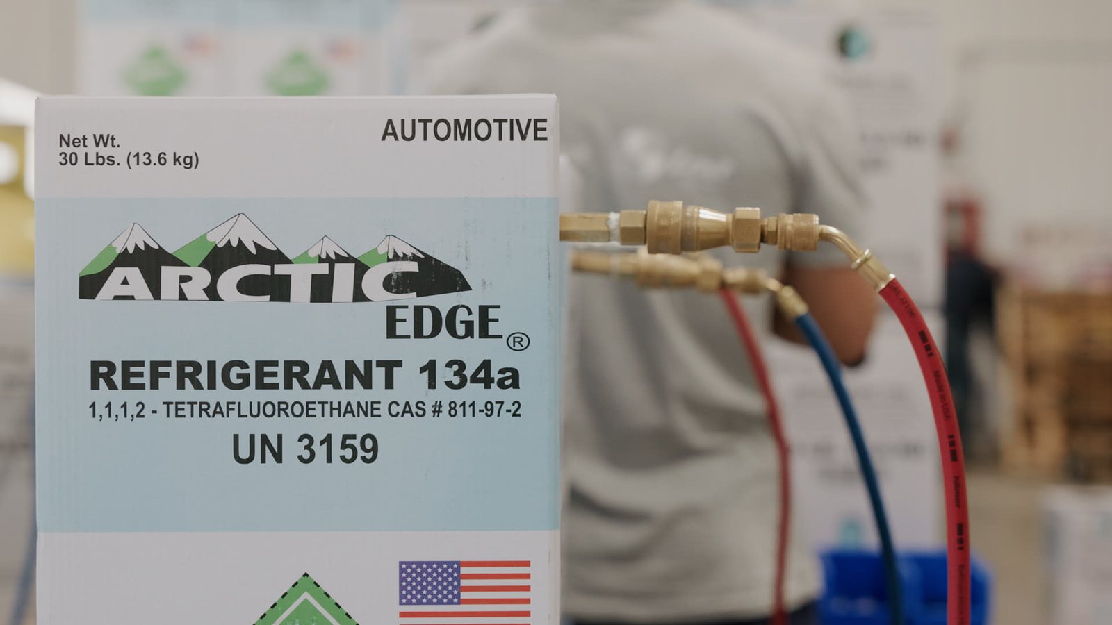 Arctic Edge refrigerant packaging and hose detail during Lenz Distributing operations shoot