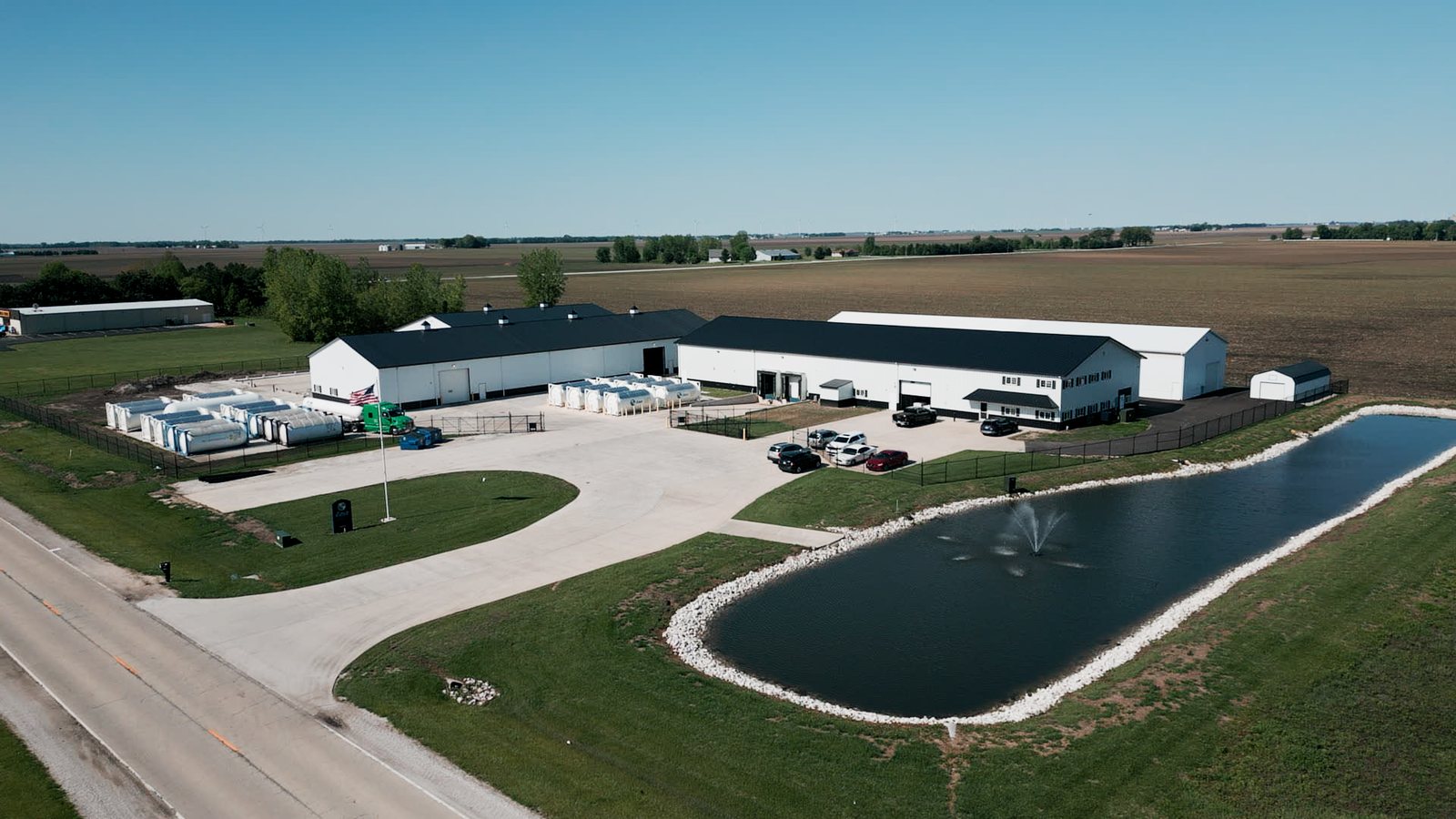 Aerial view of the Lenz Distributing facility and storage tanks captured for an operations film